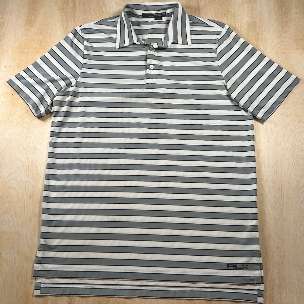 RLX Ralph Lauren Mens Striped Golf Polo Shirt Grey White Black Size M